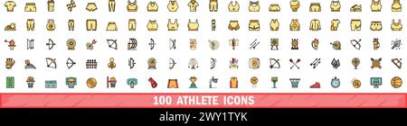 set di 100 icone degli atleti. Linea di colore con icone vettoriali dell'atleta linea sottile colore piatto su bianco Illustrazione Vettoriale