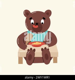 Orso che mangia porridge a colazione. Illustrazione vettoriale Illustrazione Vettoriale