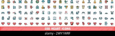 set di 100 icone del cuore. Linea di colore Set di icone vettoriali del cuore linea sottile colore piatto su bianco Illustrazione Vettoriale