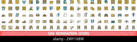 set di icone di ristrutturazione 100. Linea di colori Set di icone vettoriali rinnovate linea sottile colore piatto su bianco Illustrazione Vettoriale