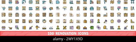 set di icone di ristrutturazione 100. Linea di colori Set di icone vettoriali rinnovate linea sottile colore piatto su bianco Illustrazione Vettoriale