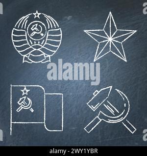 Set icone lavagna simboli URSS. Bandiera sovietica, martello e falce, stemma e stella. Illustrazione vettoriale. Illustrazione Vettoriale