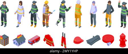 Le icone di lavoro del reparto Fireman impostano il vettore isometrico. Personaggio adulto. Attrezzatura uniforme Illustrazione Vettoriale