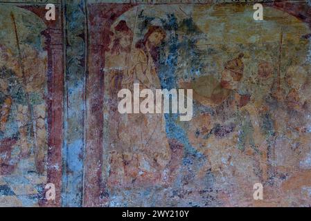 Dipinti in portico della chiesa di Baamorto, Monforte de Lemos, Lugo, Spagna Foto Stock