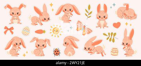 Set di adesivi cute Bunny. Adesivi per conigli primaverili disegnati a mano con animali e decorazioni floreali. Illustrazione vettoriale piatta moderna Illustrazione Vettoriale