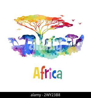 Poster di benvenuto in Africa. Africa abstract animali colorati silhouette. disegno a mano. Non ai, illustrazione vettoriale Illustrazione Vettoriale