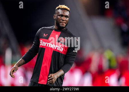 Leverkusen, Germania. 3 aprile 2024. LEVERKUSEN, GERMANIA - 3 APRILE: Victor Boniface del Bayer 04 Leverkusen guarda durante la Coppa DFB: Semifinale tra Bayer 04 Leverkusen e fortuna Düsseldorf al BayArena il 3 aprile 2024 a Leverkusen, Germania. (Foto di Joris Verwijst/Agenzia BSR) credito: Agenzia BSR/Alamy Live News Foto Stock