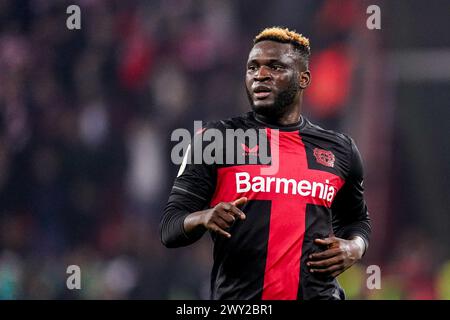 Leverkusen, Germania. 3 aprile 2024. LEVERKUSEN, GERMANIA - 3 APRILE: Victor Boniface del Bayer 04 Leverkusen guarda durante la Coppa DFB: Semifinale tra Bayer 04 Leverkusen e fortuna Düsseldorf al BayArena il 3 aprile 2024 a Leverkusen, Germania. (Foto di Joris Verwijst/Agenzia BSR) credito: Agenzia BSR/Alamy Live News Foto Stock