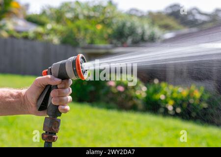 Tubo da giardino con ugello regolabile. Mano dell'uomo che tiene la pistola a spruzzo e innaffia le piante, spruzzando acqua sull'erba nel cortile. Foto Stock