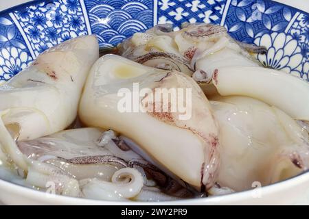 Mucchio di calamari nel recipiente pronto per la cottura alla griglia, primo piano Foto Stock
