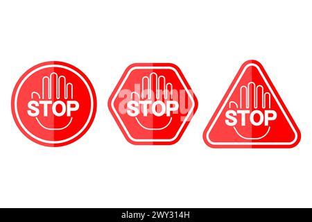 Serie di segnali manuali di arresto. Simboli di avvertenza rossi. Icone di sicurezza e attenzione. Concetto di fermata del traffico. Illustrazione vettoriale. EPS 10. Illustrazione Vettoriale