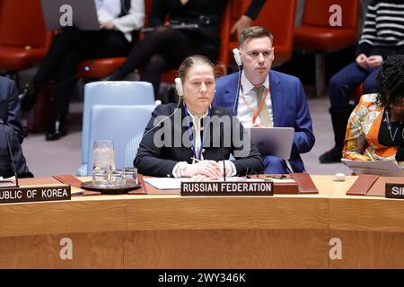 New York, Stati Uniti. 2 aprile 2024. Nazioni Unite, New York, USA, 3 aprile 2024 - Russia Vice Rappresentante permanente Maria Zabolotskaya durante la riunione del Consiglio di sicurezza sui bambini e i conflitti armati oggi presso la sede delle Nazioni Unite a New York. Foto: Luiz Rampelotto/EuropaNewswire. Solo per uso editoriale. Non per USO commerciale! (Credit Image: © Luiz Rampelotto/ZUMA Press Wire) SOLO PER USO EDITORIALE! Non per USO commerciale! Foto Stock