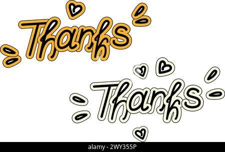 Grazie. Scritta disegnata a mano per il giorno del Ringraziamento con forme ed elementi di design. Set di 2 isolare EPS. Concetto di design vettoriale per adesivi, stampe, biglietti di auguri o inviti, camicia, poster Illustrazione Vettoriale