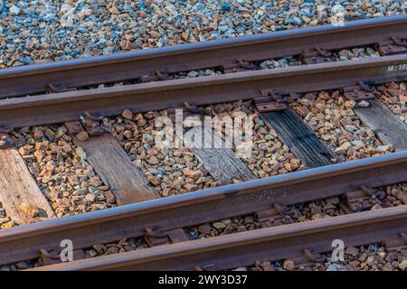 Primo piano della sezione di scambio dei binari ferroviari in Corea del Sud Foto Stock