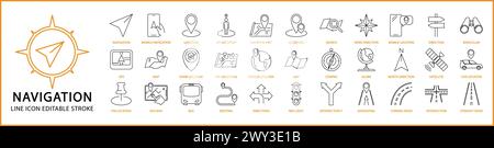 Icone di navigazione. set di icone di navigazione. Icone delle linee navigatioane. Illustrazione vettoriale. Traccia modificabile. Illustrazione Vettoriale