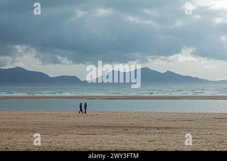 Spiaggia, gente, nuvole, montagne, LLanddwyn Bay, Newborough, Isola di Anglesey, Galles, Gran Bretagna Foto Stock