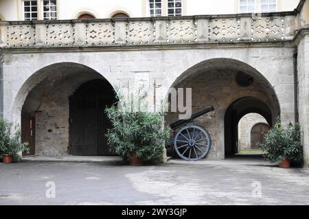 Castello di Langenburg, Uno storico cannone nel cortile di un castello accanto a invitanti porte ad arco e piante, castello di Langenburg, Langenburg Foto Stock