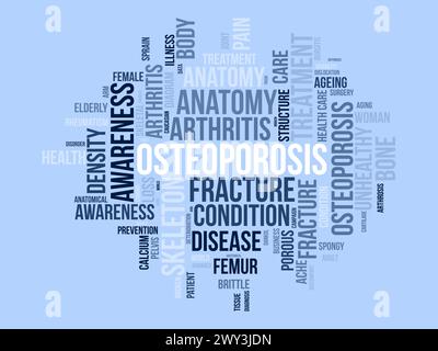 Modello nuvola di parole per osteoporosi. Informazioni vettoriali sul concetto di consapevolezza sanitaria e medica. Illustrazione Vettoriale