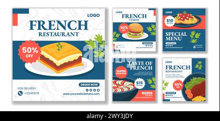Ristorante francese Social Media Post Flat Cartoon modelli disegnati a mano illustrazione di sfondo Illustrazione Vettoriale