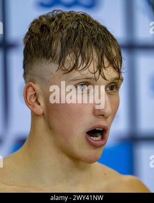 LONDRA, REGNO UNITO. 3 aprile 2024. Joshua Gammon Men's Paris 200m Butterfly Final durante lo Speedo Aquatics GB Swimming Championships 2024 - giorno 2 al London Aquatics Centre mercoledì 3 aprile 2024. LONDRA, INGHILTERRA. Crediti: Taka G Wu/Alamy Live News Foto Stock