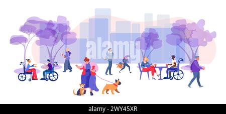 Panorama del paesaggio estivo della città o piazzetta con alberi. Ragazza grassa che cammina un cane. Persone diverse che camminano, si siedono in un bar di strada e parlano. Illustrazione vettoriale piatta Illustrazione Vettoriale