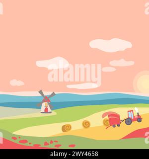 Poster quadrato estivo con campi e raccolta. Mulino a vento, trattore con fieno. Tramontare il sole su un cielo rosa con le nuvole. Modello per poster, pagina Web, testo o banner. Illustrazione vettoriale Illustrazione Vettoriale