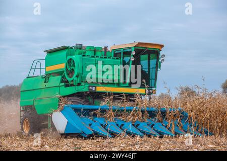 Una grande mietitrebbia raccoglie mais sul campo in una giornata di sole. Raccolto autunnale. Foto Stock