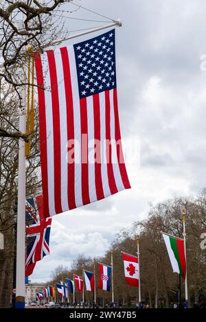 Celebrazione delle bandiere del 75° anniversario della NATO nel Mall, Londra, Regno Unito. Bandiere degli stati membri che volano. Bandiera degli Stati Uniti, Regno Unito, Bulgaria, Canada Foto Stock