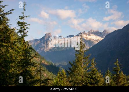 Vista delle Snow Covered Mountain Peaks and Forest al North Cascades National Park nello stato di Washington, Stati Uniti Foto Stock