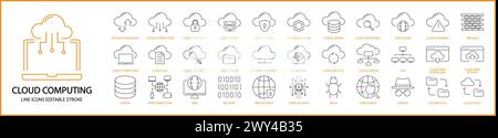 Icone del cloud computing. Set di icone di cloud computing. Icone della linea di cloud computing. Icone di archiviazione cloud. Illustrazione vettoriale. Traccia modificabile. Illustrazione Vettoriale