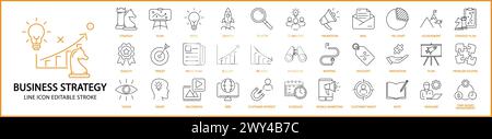 Icone della strategia aziendale. Insieme di icone della strategia aziendale. Icone delle linee di strategia aziendale. Illustrazione vettoriale. Traccia modificabile. Illustrazione Vettoriale