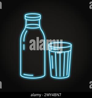 Bottiglia di latte e icona al neon in vetro. Confezione di prodotti lattiero-caseari in stile sovietico. Illustrazione vettoriale. Illustrazione Vettoriale
