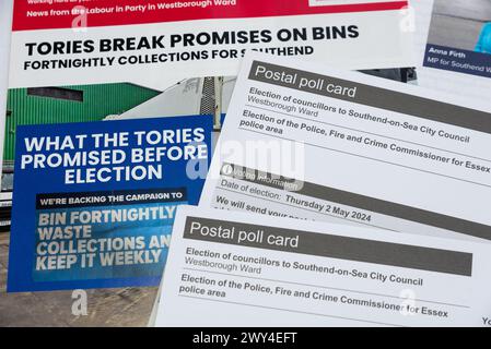Southend on Sea, Essex, Regno Unito. 4 aprile 2024. Le cartoline postali e gli opuscoli del partito arrivano attraverso le caselle postali per le elezioni locali del 2024 per consigli e sindaci in Inghilterra, e i commissari della polizia e del crimine in Inghilterra e Galles che si svolgono giovedì 2 maggio 2024. Dopo le elezioni del consiglio del 2023 Southend on Sea City Council senza alcun partito in controllo generale, i conservatori formarono un'amministrazione di minoranza con il sostegno di consiglieri indipendenti, prendendo il posto di un accordo simile da un'amministrazione laburista dopo le elezioni del 2022 Foto Stock