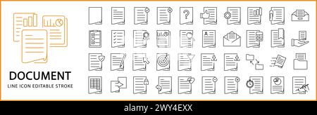 Icone del documento. Icone delle linee del documento. Set di icone documento. Tratto modificabile illusraione vettoriale. Illustrazione Vettoriale