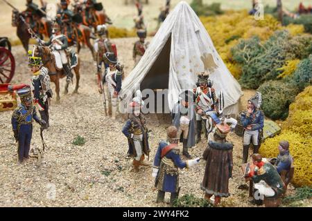 Modello di battaglia di Waterloo con truppe Napoleone in miniatura di stagno Foto Stock