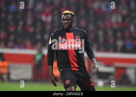 LEVERKUSEN, GERMANIA - 3 APRILE 2024: Victor Boniface, Coppa Germania. Match di Pokal DFB FC Bayer 04 Leverkusen contro fortuna Duesseldorf alla BayArena Foto Stock
