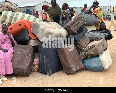 Renk, Sudan del Sud. 19 marzo 2024. I rifugiati dal Sudan con i loro effetti personali siedono in un campo di transito. La sanguinosa lotta di potere in Sudan, iniziata un anno fa, ha ora innescato il più grande movimento di rifugiati del mondo. Più di nove milioni di persone stanno fuggendo dai combattimenti in Sudan e nei paesi vicini. Crediti: Eva-Maria Krafczyk/dpa/Alamy Live News Foto Stock