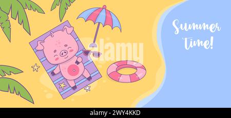 Poster orizzontale dell'ora legale. Buon maiale sulla spiaggia che prende il sole sulla riva tropicale sotto le foglie di palma. Carino e divertente personaggio di un animale da vacanza al mare. Vettore Illustrazione Vettoriale