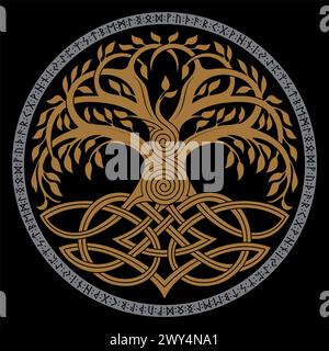 Design vichingo. World Tree dalla mitologia scandinava - Yggdrasil e motivo celtico, cornice. Disegnato in stile celtico norreno Illustrazione Vettoriale