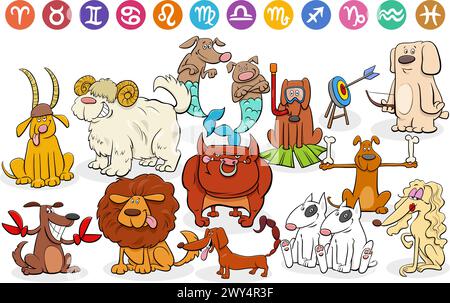 Illustrazione a cartoni animati di simpatici cani personaggi animali come segni zodiacali Illustrazione Vettoriale