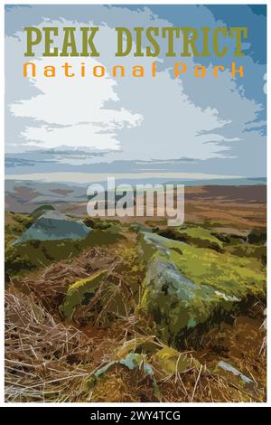 Stanage Edge Millstones, Derbyshire nostalgico poster di viaggio retrò concetto del Peak District National Park, Inghilterra, Regno Unito, nello stile del progetto di lavoro Illustrazione Vettoriale