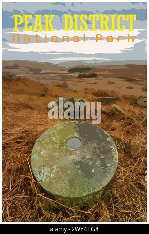 Stanage Edge Millstones, Derbyshire nostalgico poster di viaggio retrò concetto del Peak District National Park, Inghilterra, Regno Unito, nello stile del progetto di lavoro Illustrazione Vettoriale