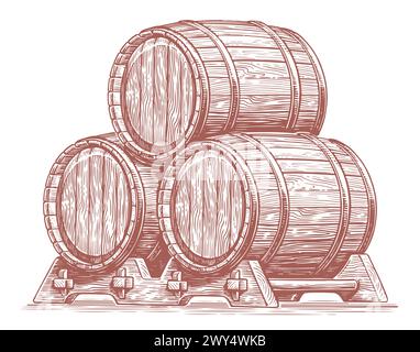 Tre botti di rovere per bevande alcoliche. Botti di legno, fusti con vino o birra. Illustrazione del vettore di schizzo disegnato a mano Illustrazione Vettoriale