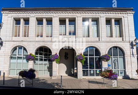 Francia, regione Nouvelle-Aquitaine, la Rochefoucauld, Halle aux Grains (scambio di cereali) a Place Gourville nel centro storico della città Foto Stock