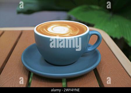 Caffè cappuccino sul tavolo di legno all'aperto Foto Stock