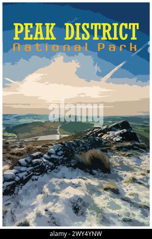 The Roaches, Staffordshire nostalgico poster di viaggio invernale retrò del Peak District National Park, Inghilterra, Regno Unito, nello stile dei progetti di lavoro Illustrazione Vettoriale