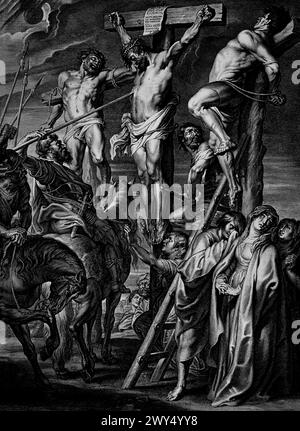 Cristo sulla Croce, le Coup de lance, 1631 Boetius à Bolswert - Boetius Adamsz Bolswert, Bodius,. 1585 – 1633, incisore fiammingo di origine Frisia, ha lavorato con gli artisti Peter Paul Rubens, Royal Museum of fine Arts, Anversa, Belgio, Belgio. Foto Stock