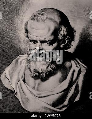 Democrito di Abdera 460 a.C. – 356 a.C.) filosofo greco, astronomo, matematico e viaggiatore. È annoverato tra i Pre-Socratici ed era conosciuto come "il filosofo ridendo" 1638 Lucas Vorsterman (1595-1675) era un incisore barocco. Ha lavorato con gli artisti Peter Paul Rubens e Anthony van Dyck Royal Museum of fine Arts, Anversa, Belgio, Belgio. Foto Stock