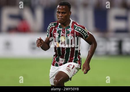 Lima, Perù. 4 aprile 2024. Jhon Arias di Fluminense durante la CONMEBOL Libertadores Cup, partita, gruppo A, data 1, tra Alianza Lima e Fluminense FC giocata allo stadio Alejandro Villanueva Melcochita il 3 aprile 2024 a Lima, Perù. (Foto di Miguel Marrufo/PRESSINPHOTO) credito: PRESSINPHOTO SPORTS AGENCY/Alamy Live News Foto Stock