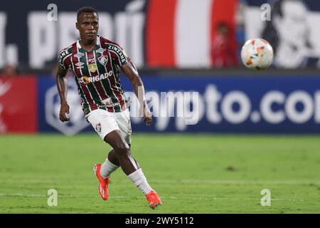 Lima, Perù. 4 aprile 2024. Jhon Arias di Fluminense durante la CONMEBOL Libertadores Cup, partita, gruppo A, data 1, tra Alianza Lima e Fluminense FC giocata allo stadio Alejandro Villanueva Melcochita il 3 aprile 2024 a Lima, Perù. (Foto di Miguel Marrufo/PRESSINPHOTO) credito: PRESSINPHOTO SPORTS AGENCY/Alamy Live News Foto Stock